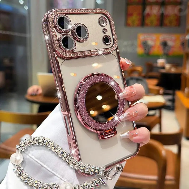 Luxury Shiny Mirror Iphone with Foldable Stand for Iphone 17 16 15 Pro Max - Aesthetic Makeup Cover for Women & Girls Anti-Fall Bow Pattern Game Design Four-Corner Shockproof Magnetic Phone Case Dust Proof Bracket Cool Leopard Print