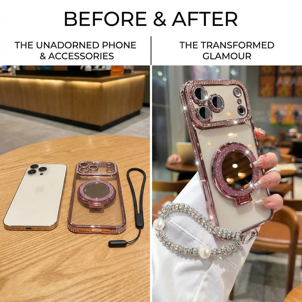Luxury Shiny Mirror Iphone with Foldable Stand for Iphone 17 16 15 Pro Max - Aesthetic Makeup Cover for Women & Girls Anti-Fall Bow Pattern Game Design Four-Corner Shockproof Magnetic Phone Case Dust Proof Bracket Cool Leopard Print