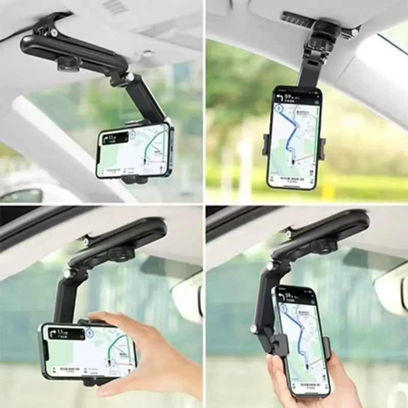 360° Rotating Car Phone Holder - Universal Dashboard/Windshield Mount for All Phones, Foldable & Adjustable Car Mobile Bracket with Sun Visor Clip