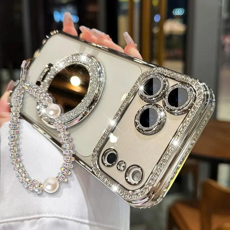 Luxury Shiny Mirror Iphone with Foldable Stand for Iphone 17 16 15 Pro Max - Aesthetic Makeup Cover for Women & Girls Anti-Fall Bow Pattern Game Design Four-Corner Shockproof Magnetic Phone Case Dust Proof Bracket Cool Leopard Print