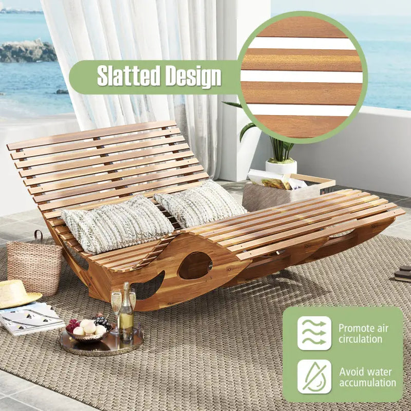 COSTWAY Outdoor Chaise Lounge Chair, Acacia Wood Rocking Sunbed with Slatted Backrest and Seat, Wooden Loveseat Rocker for Patio, Garden and Poolside-Mother'S Day Gift