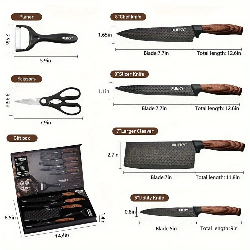 Professional 1/6" Kitchen Knife Set, Including a Chef'S Knife, Slicer, Scraper, and Scissors, Made of Stainless Steel with Super Sharp Blades and Non-Stick Ergonomic Wooden Handles, Suitable for Home and Travel, Gift Box