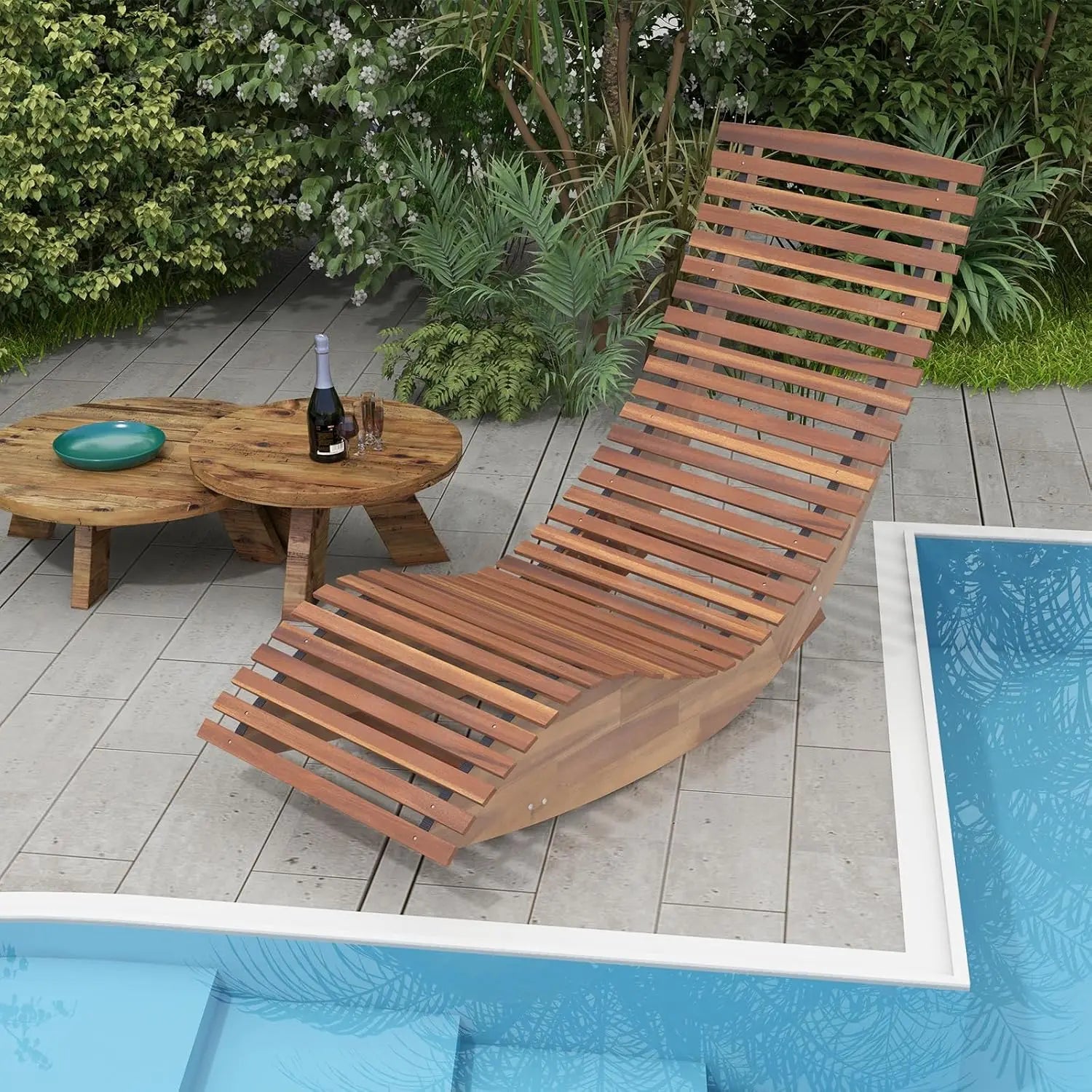 COSTWAY Outdoor Chaise Lounge Chair, Acacia Wood Rocking Sunbed with Slatted Backrest and Seat, Wooden Loveseat Rocker for Patio, Garden and Poolside-Mother'S Day Gift