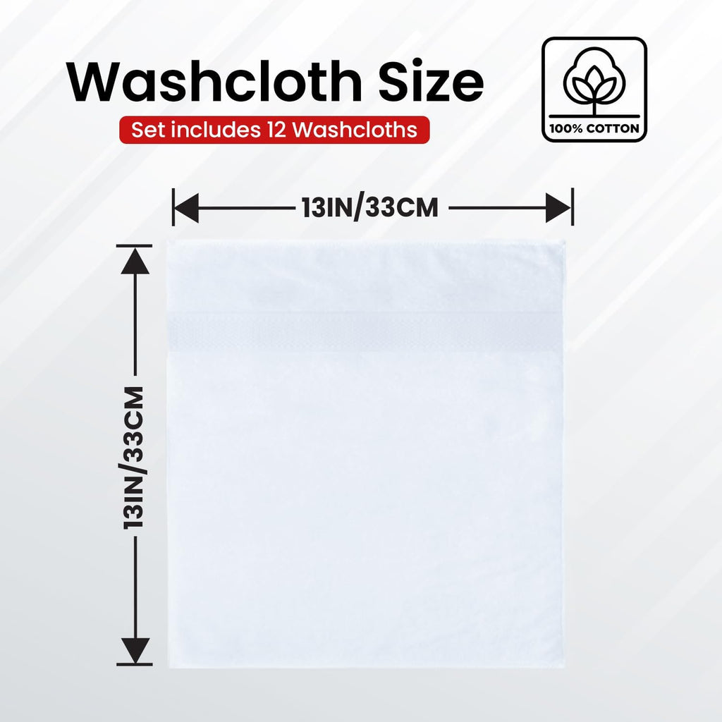 Luxury Wash Cloths for Showering [13X13] – 100% Cotton Washcloths [Pack of 12], Soft and Absorbent Face Towels for Bathroom Wash Clothes, Gym, and Spa (Brilliant White)