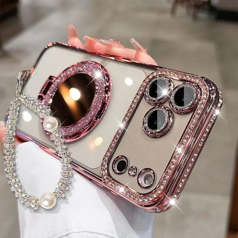 Luxury Shiny Mirror Iphone with Foldable Stand for Iphone 17 16 15 Pro Max - Aesthetic Makeup Cover for Women & Girls Anti-Fall Bow Pattern Game Design Four-Corner Shockproof Magnetic Phone Case Dust Proof Bracket Cool Leopard Print
