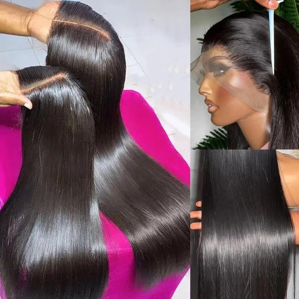 28 Inch 13X4 Lace Front Wigs Human Hair Straight HD Transparent Wigs for Women 180 Density Straight Lace Frontal Human Hair Wigs Pre Plcked with Baby Hair Natural Black