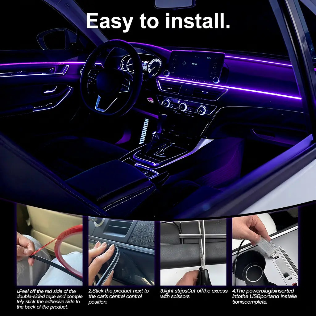 Ceesooi Smart LED Interior Car Lights, USB Powered RGB Car Ambient Lighting with App Control & Music Sync, DIY Mode 110Cm+110Cm 2-In-1 Design, Multi-Color Decor for Cars Trucks，Gift for Men & Women