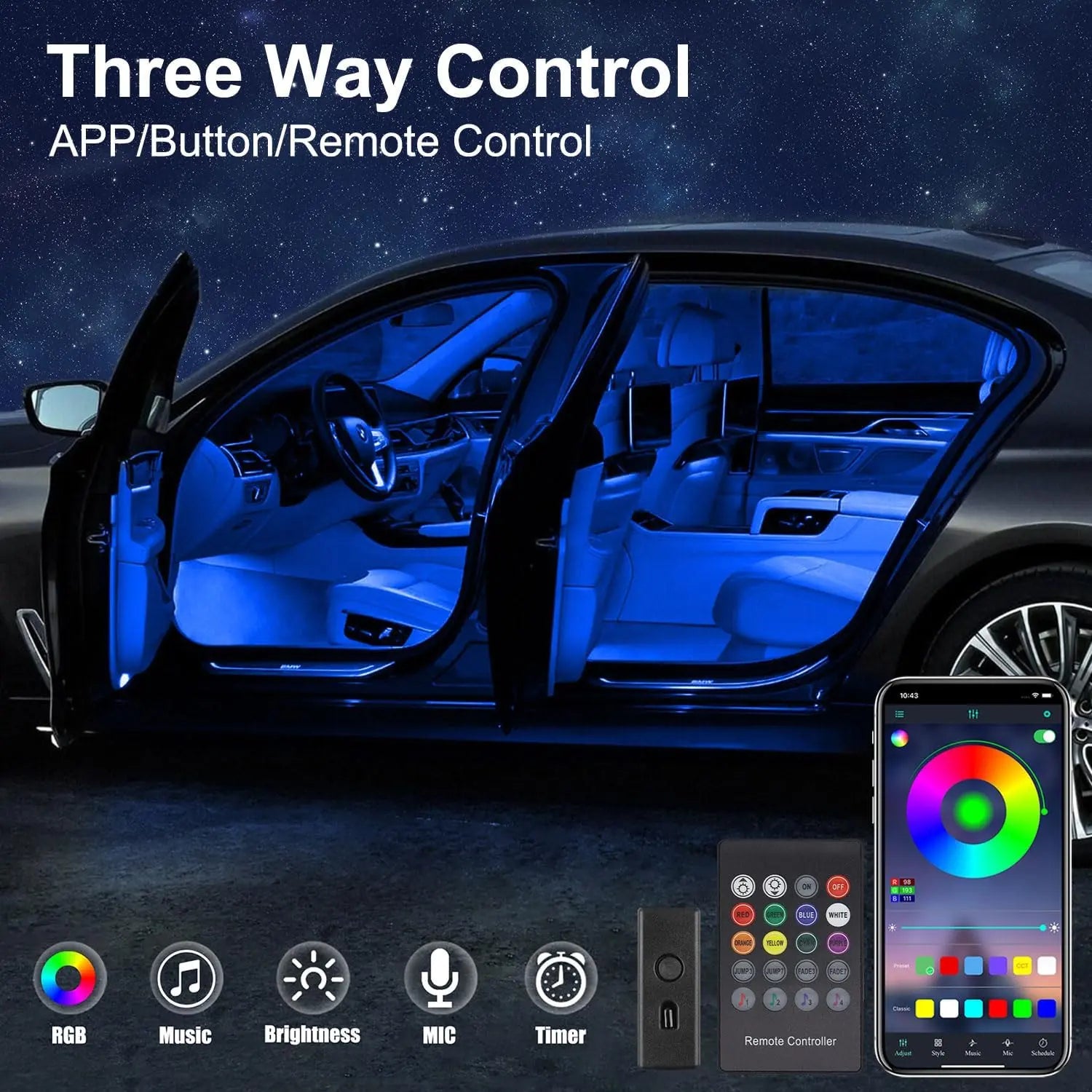 Ceesooi Smart LED Interior Car Lights, USB Powered RGB Car Ambient Lighting with App Control & Music Sync, DIY Mode 110Cm+110Cm 2-In-1 Design, Multi-Color Decor for Cars Trucks，Gift for Men & Women