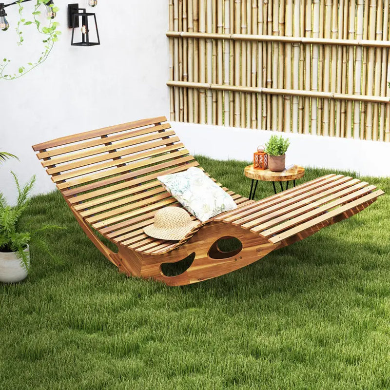 COSTWAY Outdoor Chaise Lounge Chair, Acacia Wood Rocking Sunbed with Slatted Backrest and Seat, Wooden Loveseat Rocker for Patio, Garden and Poolside-Mother'S Day Gift